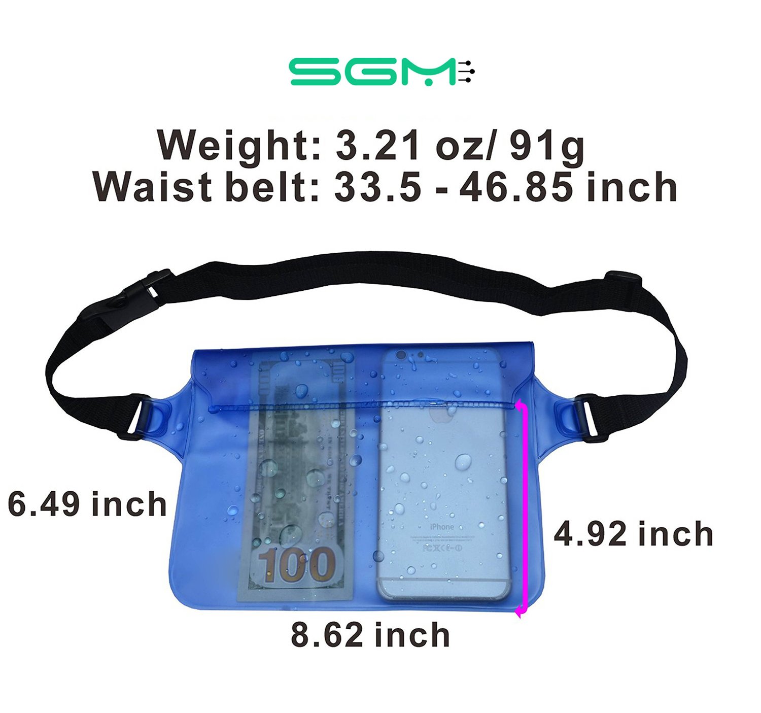 SGM (TM) Waterproof Pouch with Waist Strap for Beach/fishing/hiking - Protects Phones, Camera, Cash, Documents From Water, Sand, Dust and Dirt